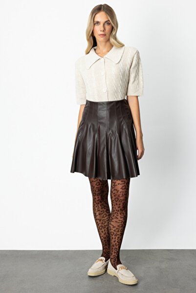 ON Dikiş Detaylı Mini Deri Etek