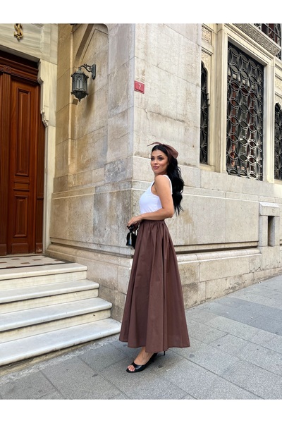 KÜÇÜĞÜM BUTİK Brown Flared Poplin Skirt