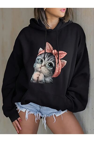 WOODROFFE سويت شيرت نسائي فضفاض كبير الحجم بقلنسوة مطبوع عليه قطة لطيفة باللو...