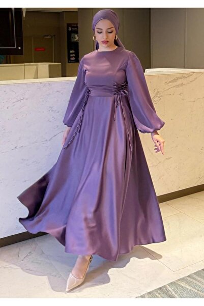 TESETTÜR AKBAŞ Yanlardan Büzmeli Saten Abiye Elbise