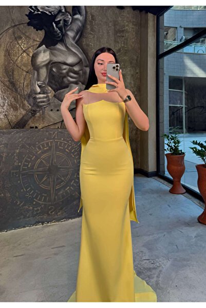 missswans Ekstra Dar Kalıp Balık Kesim Şal Aksesuarlı Uzun Boy Abiye Elbise Sarı