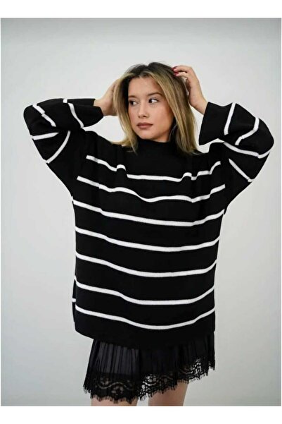 cheen Women's Black Oversized Striped Half Turtleneck Sweater, Striped Knitwe...