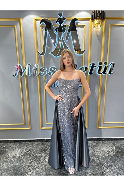 MissBetül Full Dantel Pullu Kuyruklu Straplez Gold Abiye