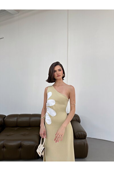 Rahy Çiçek Detaylı Bel Dekolteli Tek Omuz Keten Elbise