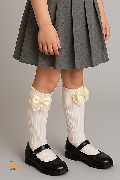 Trend Bebe Butik Kız Çocuk Dizaltı Kurdele ve Dantel Detaylı Pamuklu Dizüstü Çorap | 3-12 Yaş |Okul & Günlük Kullanım