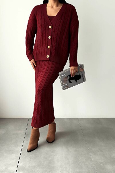 Lusin Women's Burgundy Hair Braided Detailed Skirt Cardigan Crop Triple Knitwear Set