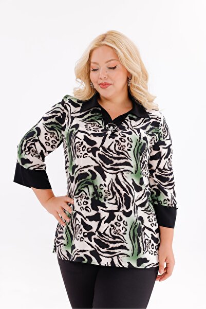 Siyezen Plus Size Brooch Detailed Shirt Collar Blouse