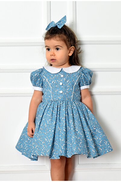 JBK فستان أطفال بأكمام قصيرة وياقة بيبي باللونين الأزرق والأبيض مع مشبك شعر