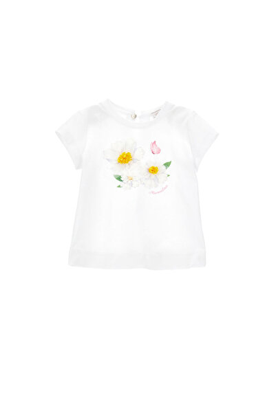 Monnalisa Girl's White Button-Down T-Shirt with Flower and Butterfly Print