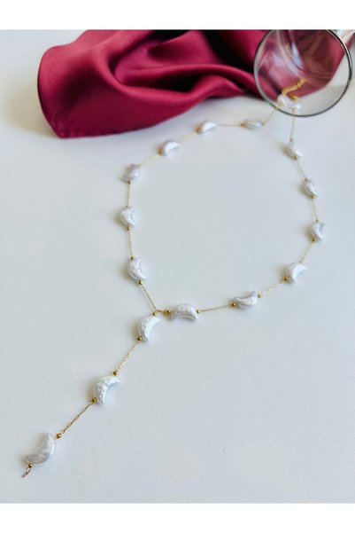 Fynbos Stainless Steel Moon Mother of Pearl Gold Y Necklace