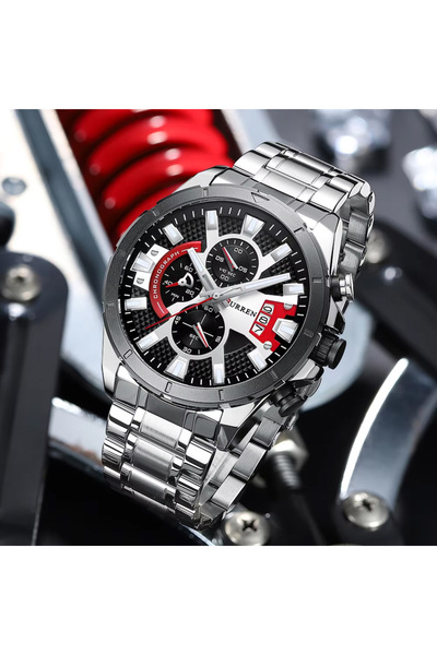 Curren 8401 Men's Chronograph Sports Watch with Red And Black Dial Stainless Steel Strap Multifunction