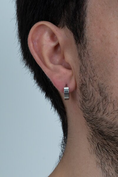Takı Dükkanı Thin Plain Hoop Glossy Men's Steel Earrings Pair 3mm Mse8-2