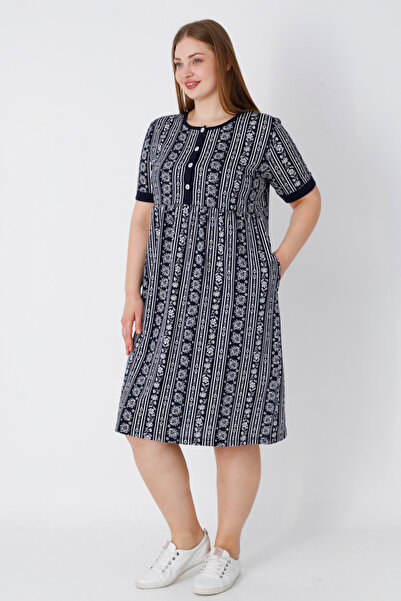 İntensive Navy Blue Short Sleeve Buttoned Patterned Women's Plus Size Dress with Pockets