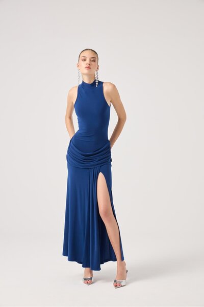 HOLLY LOLLY Turtleneck Slit Long Valentina Dress Blue