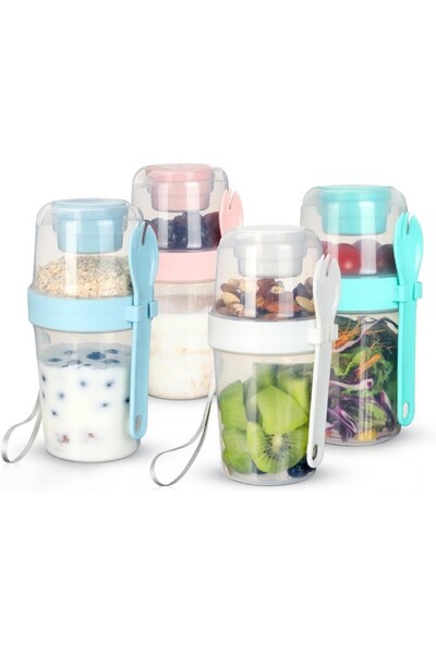 AIEVE Set de 4 căni de cereale cu linguriță 2 in 1 cu 2 straturi, 310 ml + 56...