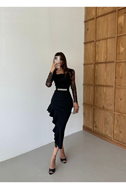 1Moda1Tarz Special Design Lined Midi Dress with Imported Fabric, Stone Belt and Lace Embroidered Scarf Detail