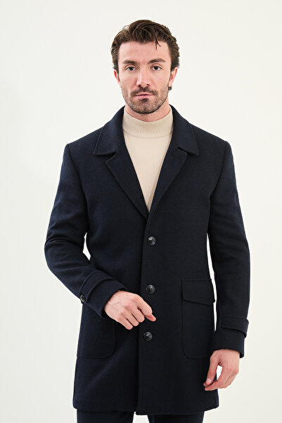 Mcr Straight Slim Fit Bag Pocket Wide Collar Wool Men's Coat Navy Blue - 21323.25K