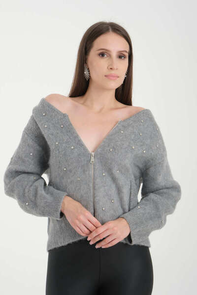 İLKCET MODA Pearl Stone Women's Stretchy Knitwear Pocket Cardigan