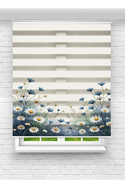 White Rose Design Papatya ve Mavi Çiçek Desenli Dijital Baskılı Zebra Perde