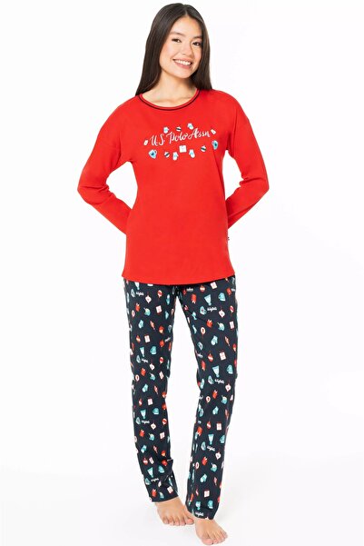 U.S. Polo Assn. Women's Pajama Set, Pocketless, 100% Cotton, Long Sleeve, Wide Crew Neck, Party Printed
