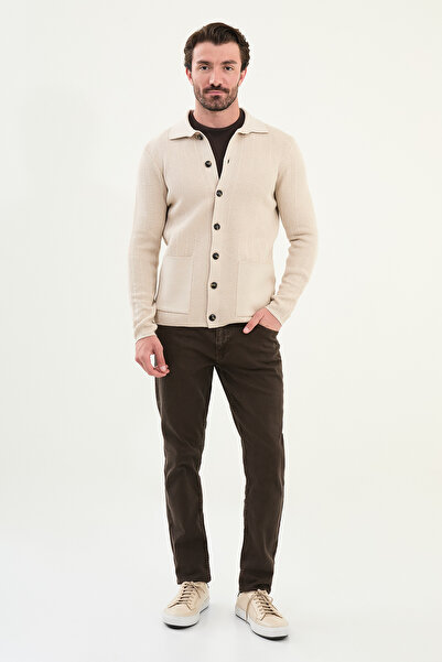 Mcr Patterned Slim Fit Pocket Shirt Collar Men's Knitwear Jacket Beige - 11241.25K