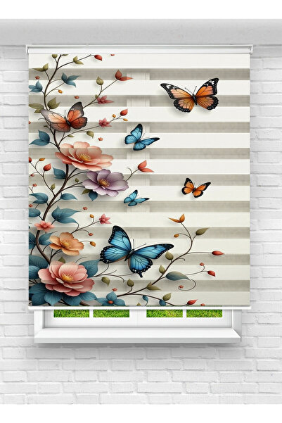 White Rose Design Kelebek ve Çiçek Desenli Dijital Baskılı Zebra Perde