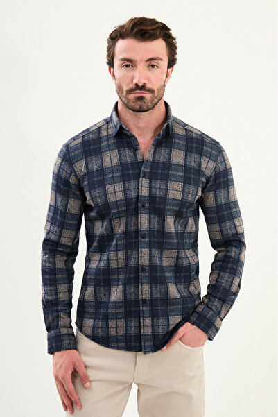 Mcr Καρό Slim Fit μακρυμάνικο ανδρικό πουκάμισο από μαλλί ξυλοκόπος Navy Blue...