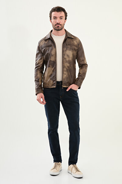 Mcr Patterned Slim Fit Shirt Collar Faux Leather Men's Coat Brown - 39647.25K