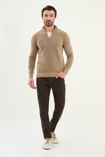 Mcr Patterned Slim Fit Zippered Half Turtleneck Chenille Fabric Men's Knitwear Sweater Beige - 11553.25K