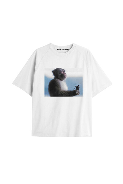 Kalic Studio Monkey Listening to Music Unisex Oversize T-Shirt White