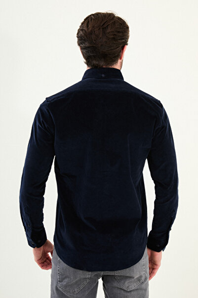 Mcr Plain Slim Fit Long Sleeve Velvet Men's Shirt Navy Blue - 27105.25K