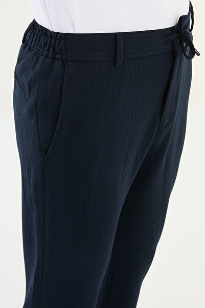 Mcr Striped Super Slim Fit Elastic Waist Drawstring Cotton Men's Trousers Navy Blue - 38324.25K