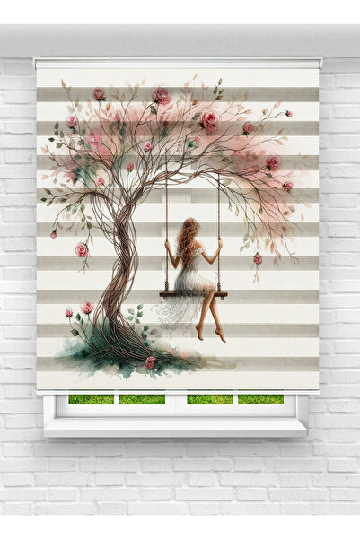 White Rose Design Salıncakta Oturan Kız Desenli Dijital Baskılı Zebra Perde