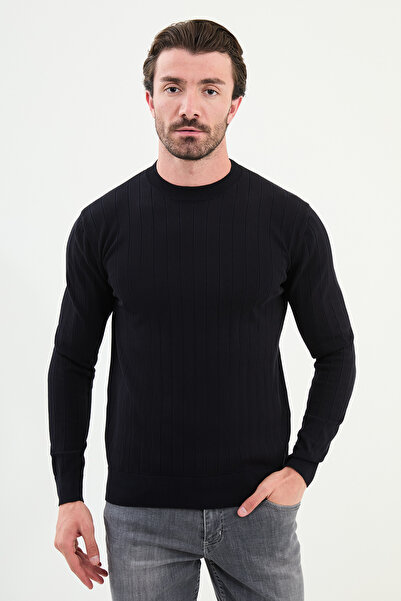 Mcr Пъстра мъжка плетена блуза с тясна кройка и обло деколте, тъмно синьо - 1...