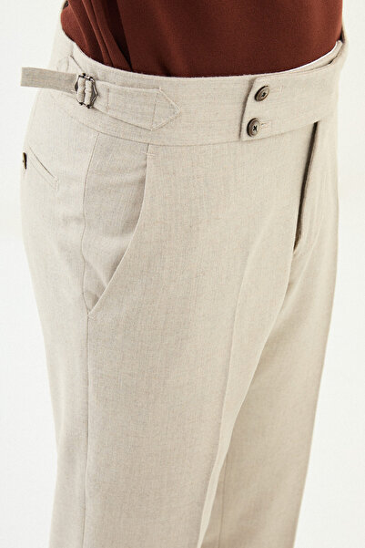 Mcr Textured Slim Fit Belted Wool Men's Trousers Beige - 38329.25K
