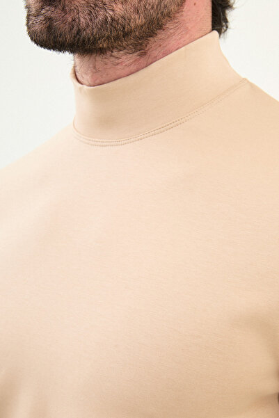 Mcr Plain Slim Fit Half Turtleneck Long Sleeve Men's T-Shirt Dark Beige - 36838.24K