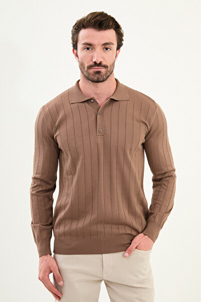 Mcr Ριγέ Slim Fit Polo Neck Ανδρικό πλεκτό πουλόβερ Milk Coffee - 11559.25K