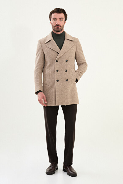 Mcr Striped Slim Fit Wide Collar Double Breasted Cashmere Men's Coat Brown-Beige - 21324.25K