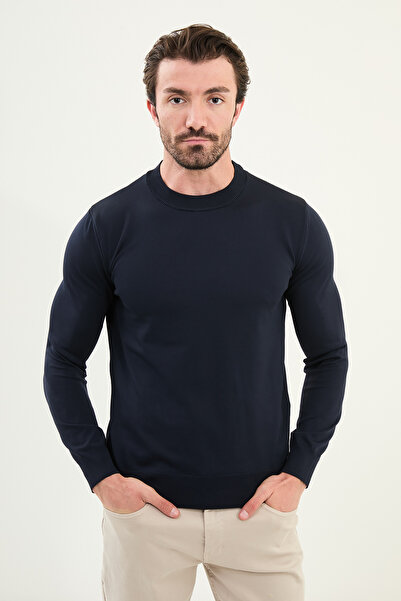 Mcr Ανδρικό πλεκτό πουλόβερ με λαιμόκοψη, μονόχρωμο, μπλε ναυτικό - 11562.25K