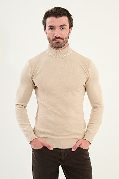 Mcr سترة تريكو رجالية منقوشة بياقة نصف دائرية وقصة ضيقة باللون البيج - 11546.25K