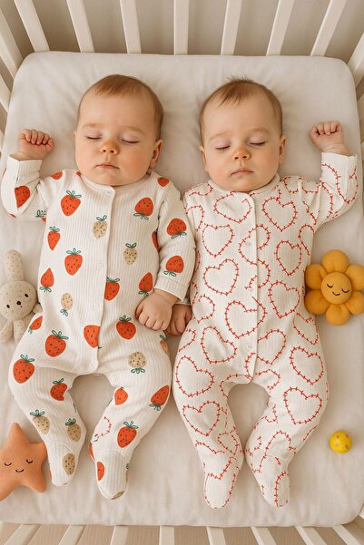 VANİLLİA Organic 100% Cotton Heart and Strawberry Printed 2-Piece Romper Set Newborn Set Newborn Romper