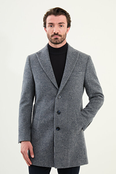 Mcr معطف رجالي منقوش بقصة ضيقة وياقة عريضة باللون الأزرق الداكن - 21325.25K