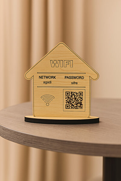 Lucena Wifi Şifre QR Kodlu Stand Levha Tabela Kişiselleştirilebilir Ahşap