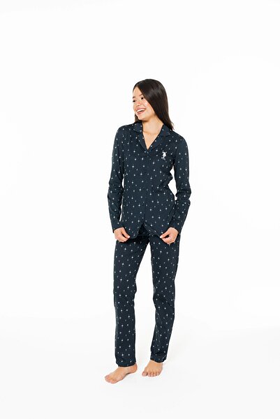 U.S. Polo Assn. Gömlek Yaka Kadın Pijama Takımı, Cepsiz, %100 Pamuklu, Uzun Kollu, Önden Düğmeli, Gece Baskılı