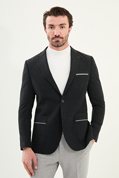 Mcr Plain Slim Fit Mono Collar Wool Men's Jacket with Pocket Detail Black - 41464.25K