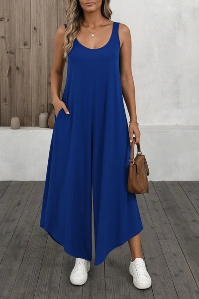 dilmex Women's Strap Round Neck Pocket Casual Long Viscose Jumpsuit