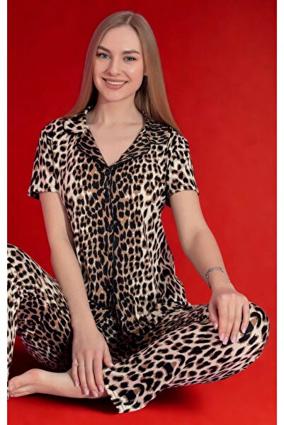 PİJAMOON Leopar Baskılı Düğmeli Takım