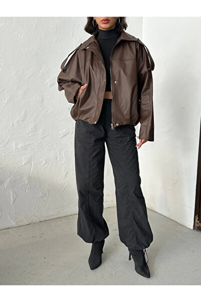 MEYASU New Season Bomber Leather Jacket with Oversized Epaulet Detail