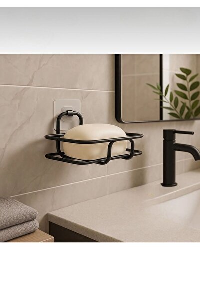 BUSEMSİ HOME Yapışkanlı Siyah Katı Sabunluk Mutfak Banyo Rafı Sabunluk