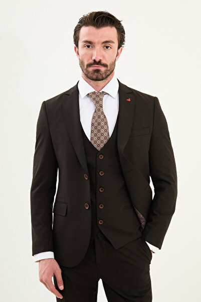 Mcr بدلة رجالية ذات ياقة مونو ضيقة وملائمة للجسم، لون بني غامق - 45390.25Y